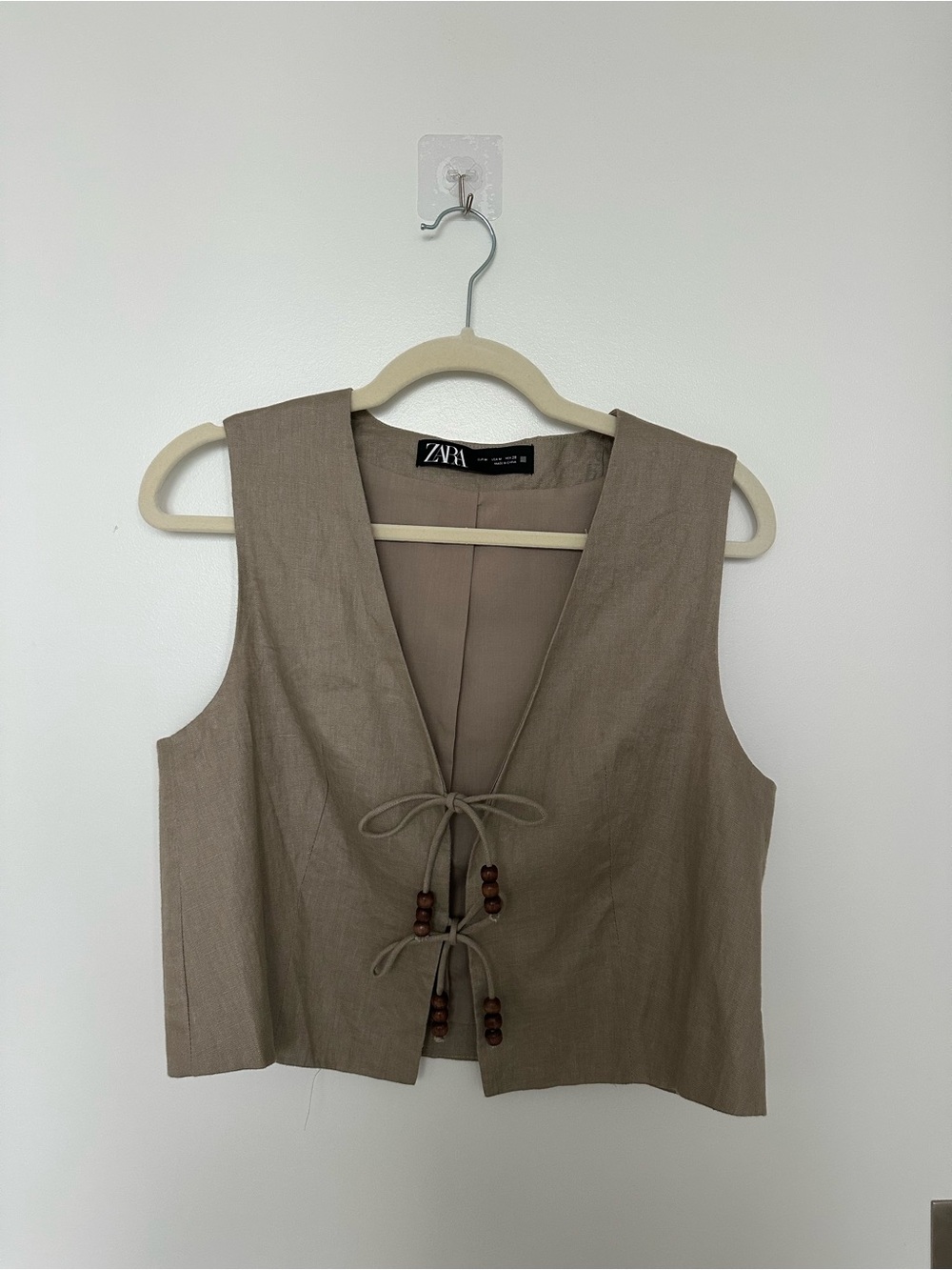 Zara Taupe Tie-Front Linen Vest